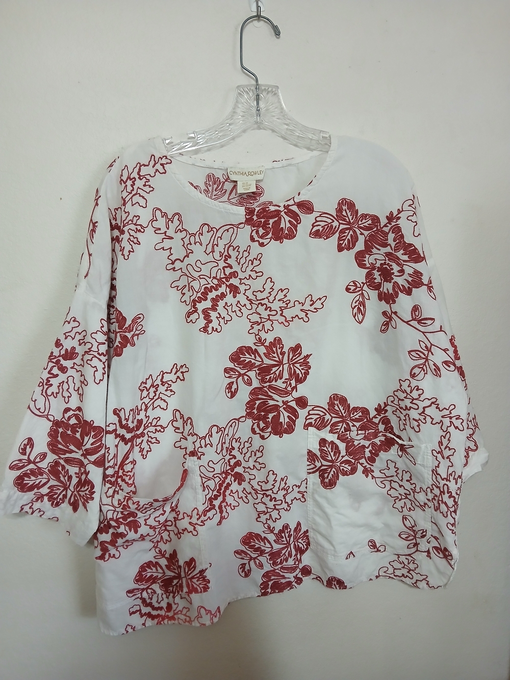 CYNTHIA ROWLEY Embroidered Floral Tunic XL Top Cotton Pockets 3/4 Sleeve